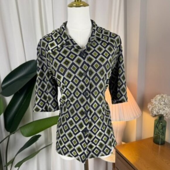 Vintage Geometric 70s Style Button-Up Semi Sheer Blouse sz L/XL - Picture 1 of 9